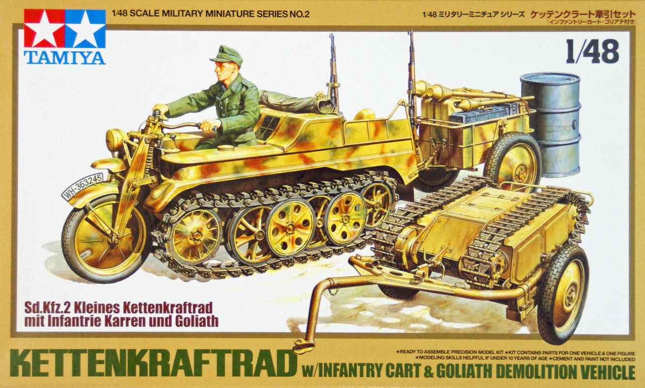 Сборная модель 1/48 Набор военной модели Kettenkraftrad с тележкой и Голиафом (Tamiya)