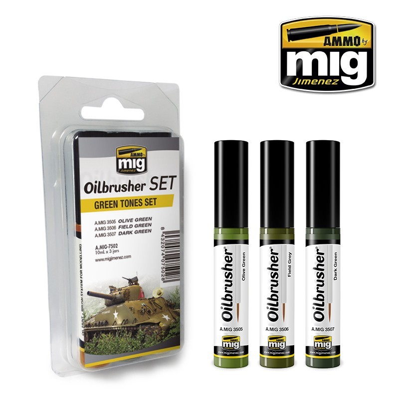 Набор масляных красок с тонкой кистью Green Tones OILBRUSHER SET (Ammo Mig) (3x10ml)