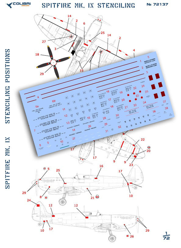 Декаль 1/72 Spitfire Mk. IX Stenciling (Colibri Decals)