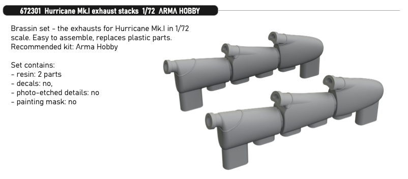 Дополнения из смолы 1/72 Выхлопные патрубки Hawker Hurricane Mk.I (для модели Arma Hobby kits)