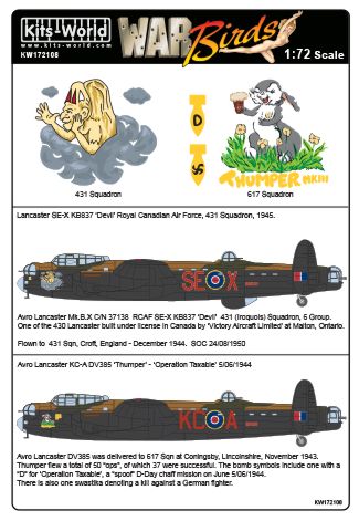 Декаль 1/72 Avro Lancaster B.I/III SE-X KB837 'Devil' 431 Sqn (Iroquois) 6 Grp Croft (Kits-World)