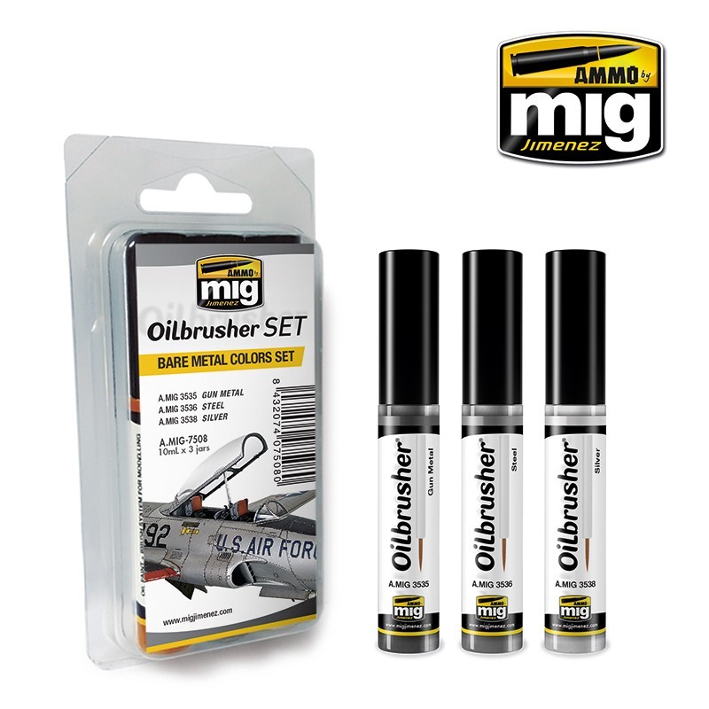 Набор масляных красок с тонкой кистью Bare Metal Colors OILBRUSHER SET (Ammo Mig) (3x10ml)