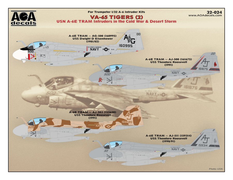 Декаль 1/32 VA-65 TIGERS (2) USN Grumman A-6E TRAM Intruders in the Cold War(AOA Decals)