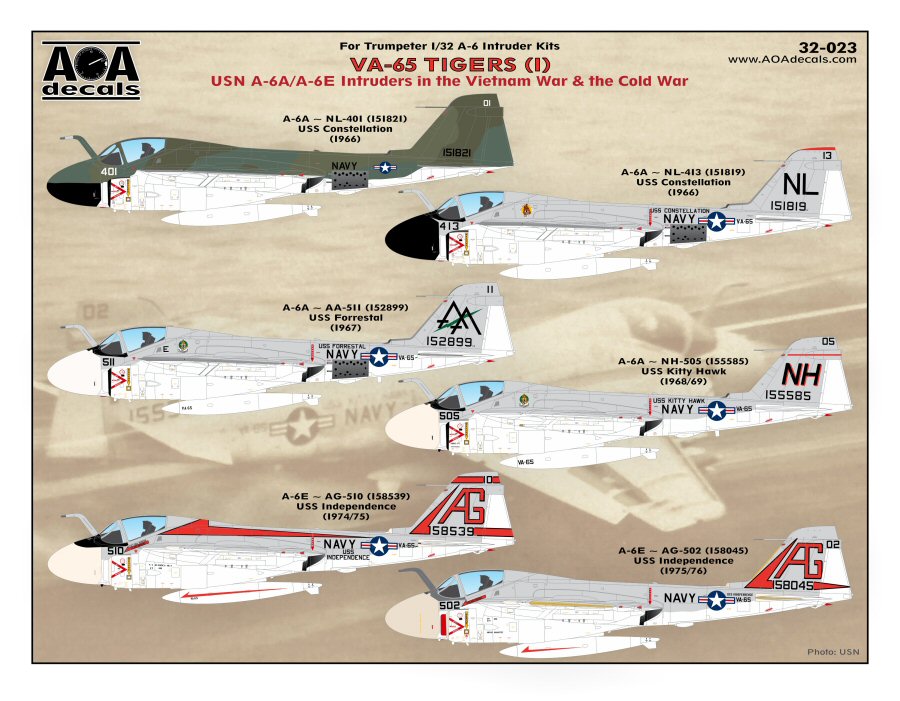 Декаль 1/32 VA-65 TIGERS (1) USN Grumman A-6A/A-6E Intruders in the Vietnam War  (AOA Decals)