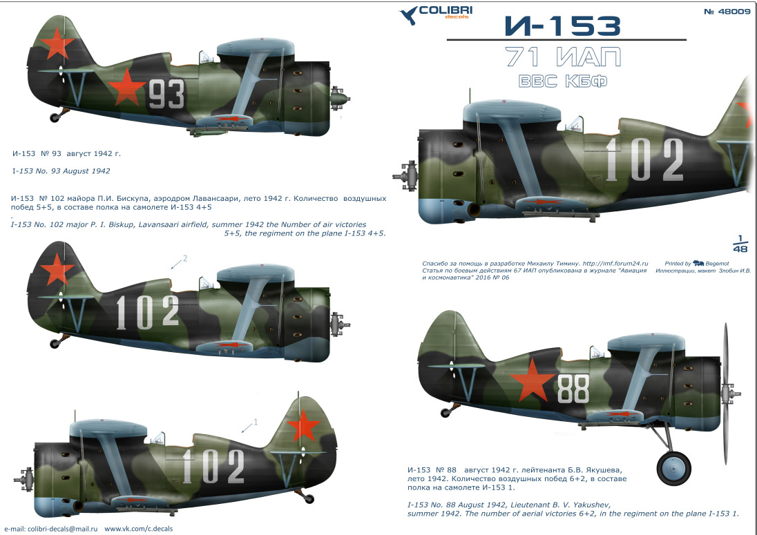 Декаль 1/48 И-153 71 ГвИАП (Colibri Decals)