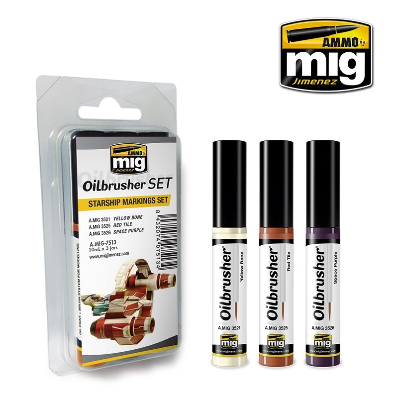 Набор масляных красок с тонкой кистью Starship Markings OILBRUSHER SET (Ammo Mig) (3x10ml)