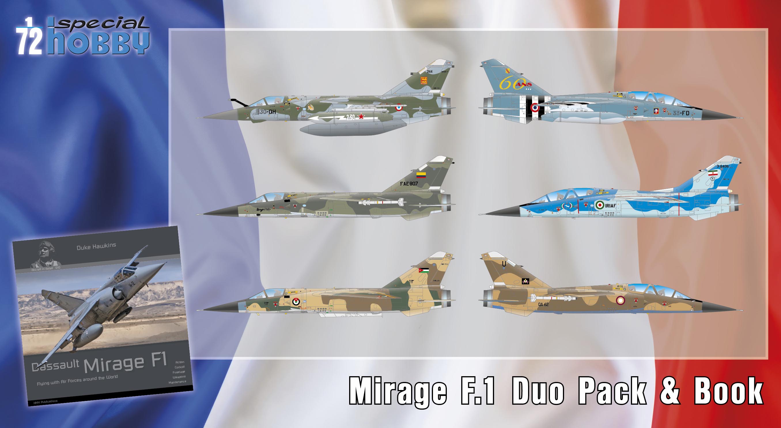 Сборная модель 1/72 Mirage F.1 DUO PACK & Book (6x camo) (Special Hobby)