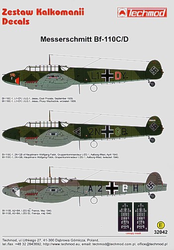 Декаль 1/32 Messerschmitt Bf-110C/Bf-110D (3) (Techmod)