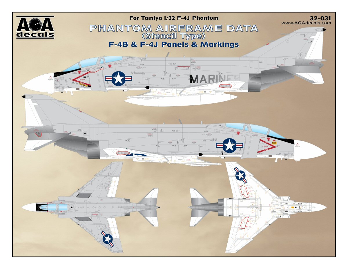 Декаль 1/32 Phantom Airframe Data(Stencil Type)-McDonnell F-4B & F-4J Panels & Markings (AOA Decals)