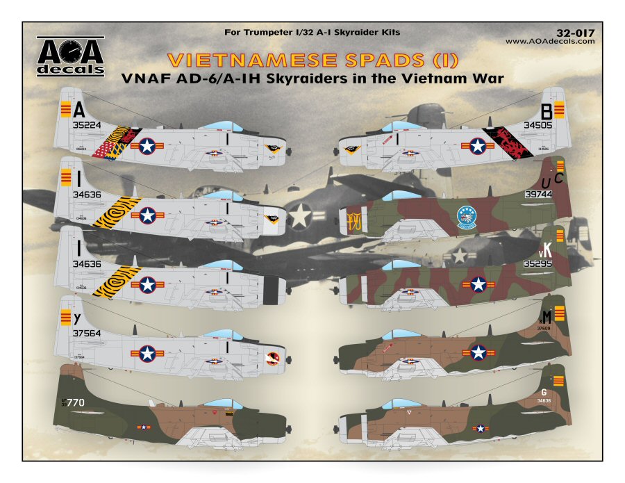 Декаль 1/32 Vietnamese Spads (1) - VNAF Douglas AD-6/A-1Hin the Vietnam War. Part 1(AOA Decals)