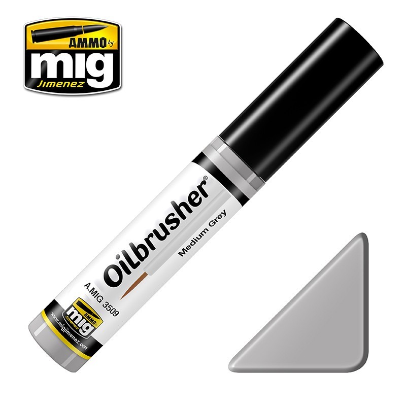 Масляная краска с тонкой кистью-апликатором OILBRUSHER Medium Grey  (10mL) (Ammo Mig)