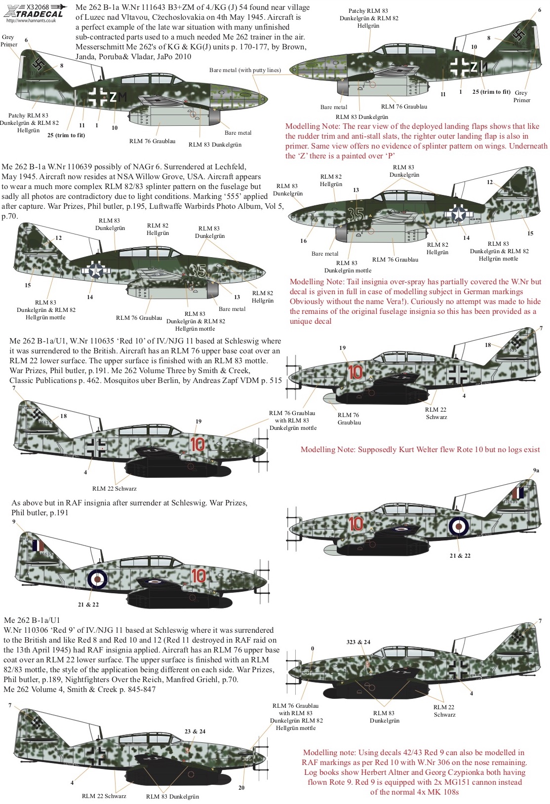 Декаль 1/32 Messerschmitt Me-262B-1a (5) (Xtradecal)