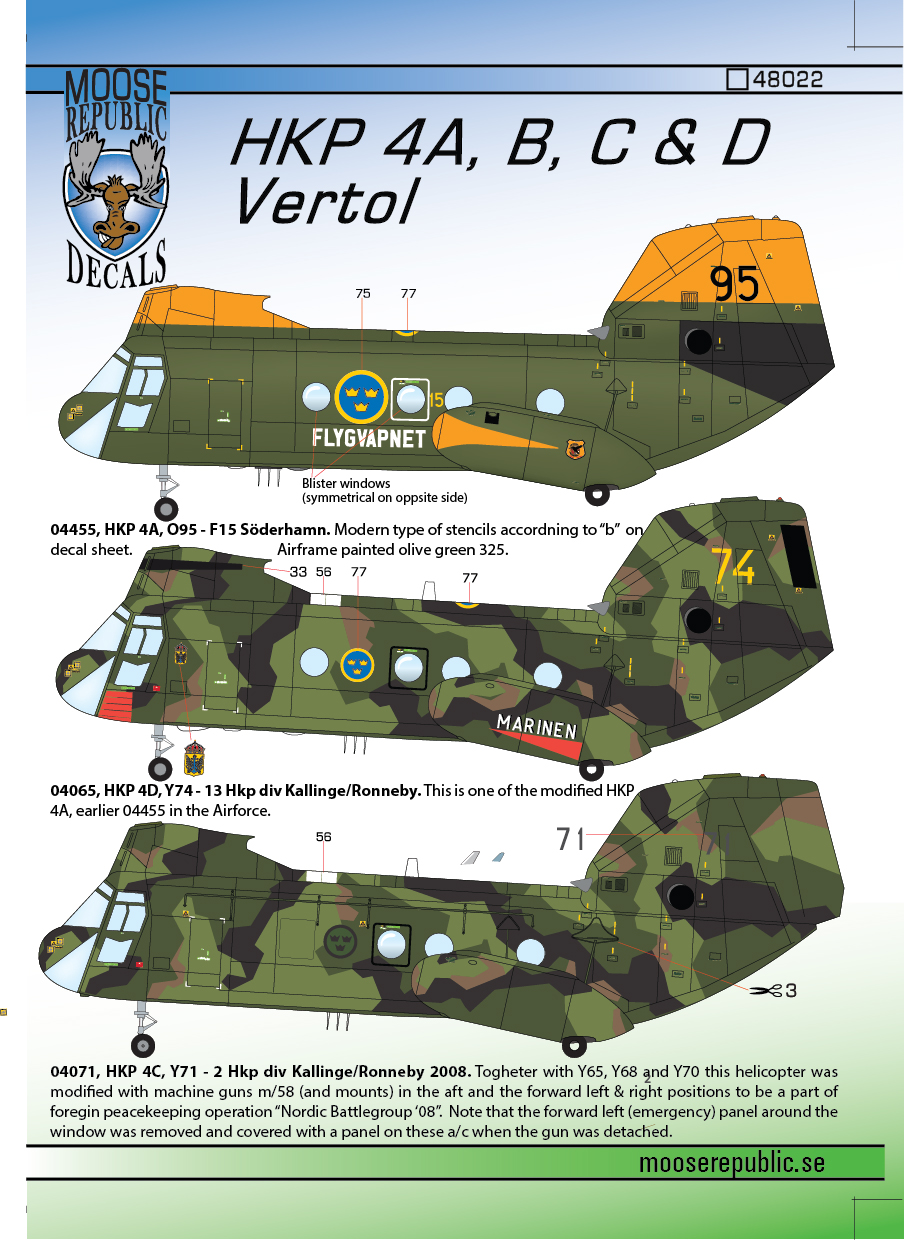 Декаль 1/72 HKP 4A/B/C/D Vertol [Boeing UH-46B CH-46D Kawasaki KV-107]  (Moose Republic Decals)