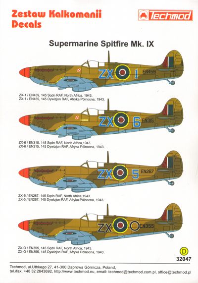 Декаль 1/32 Supermarine Spitfire Mk.IXc 4 x North Africa 1943  (Techmod)