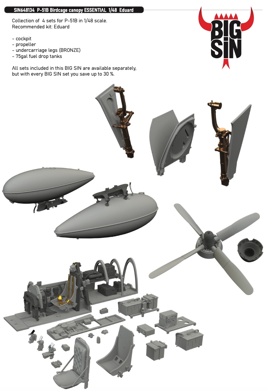 Дополнения из смолы 1/48 North-American P-51B Mustang Birdcage canopy ESSENTIAL (для Eduard kits) 