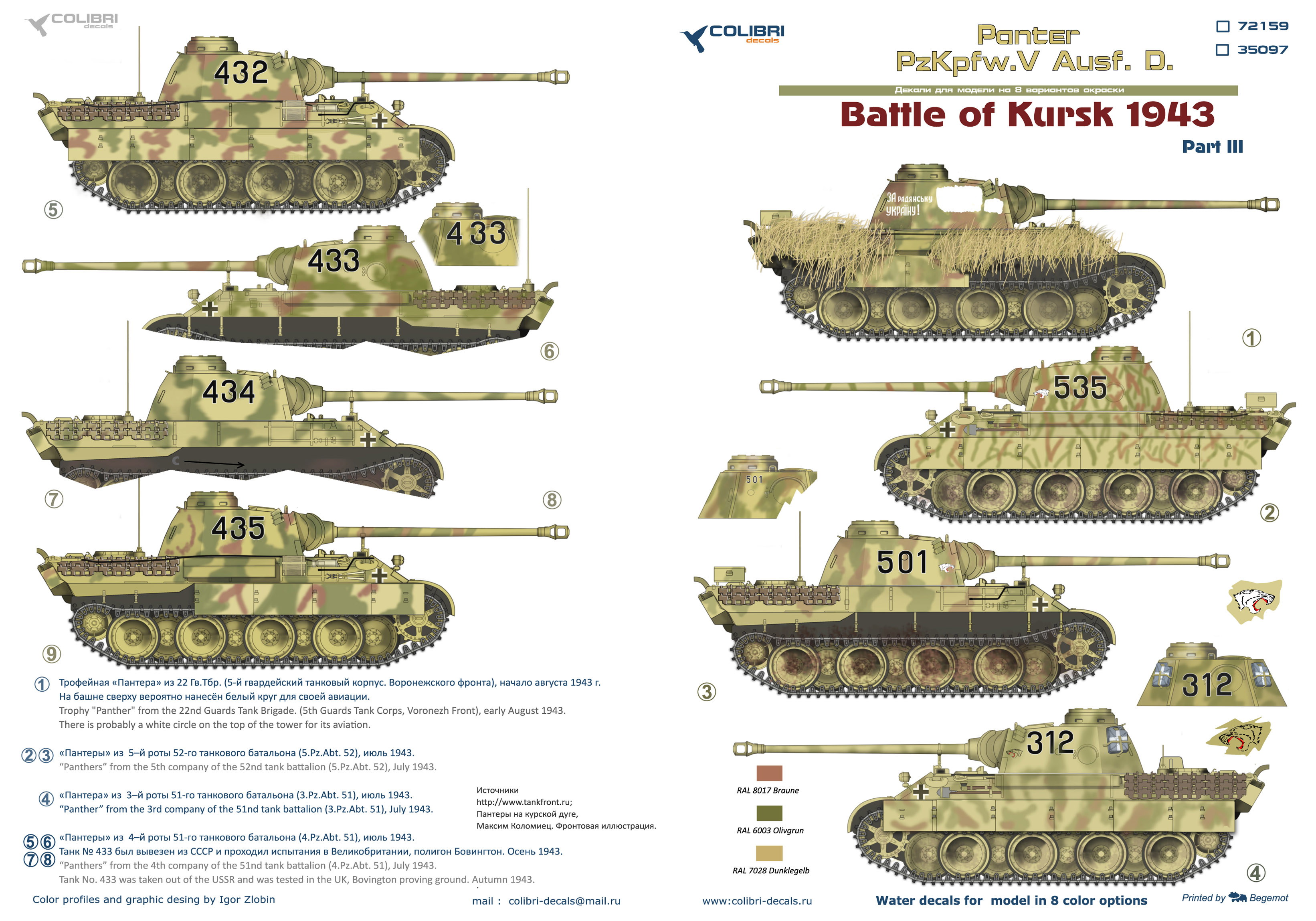 Декаль 1/72 Pz.Kpfw.V Panter Ausf. D Battle of Kursk1943 - Part III (Colibri Decals)