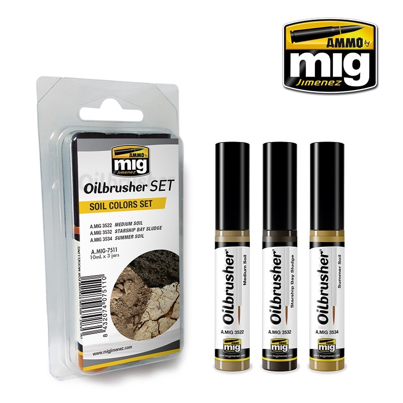 Набор масляных красок с тонкой кистью Soil Colors OILBRUSHER SET (Ammo Mig) (3x10ml)