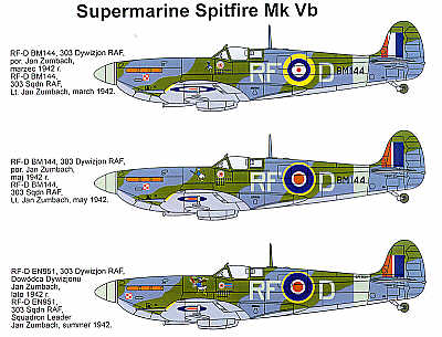 Декаль 1/32 Supermarine Spitfire Mk.Vb (5) RM144 RF-D 303 Polish Sqn 3 versions' (Techmod)