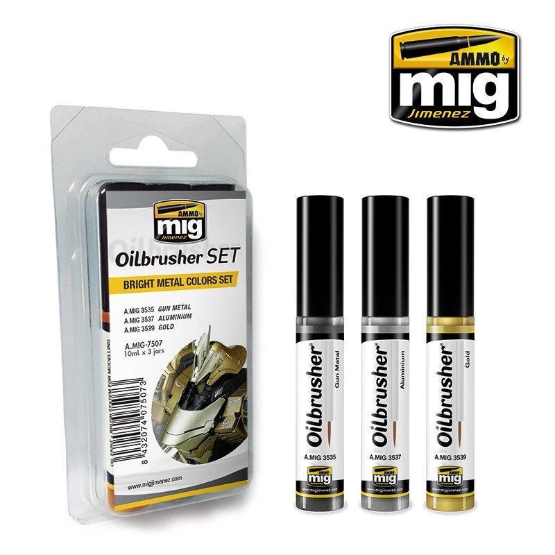 Набор масляных красок с тонкой кистью Bright Metal Colors OILBRUSHER SET (Ammo Mig) (3x10ml)