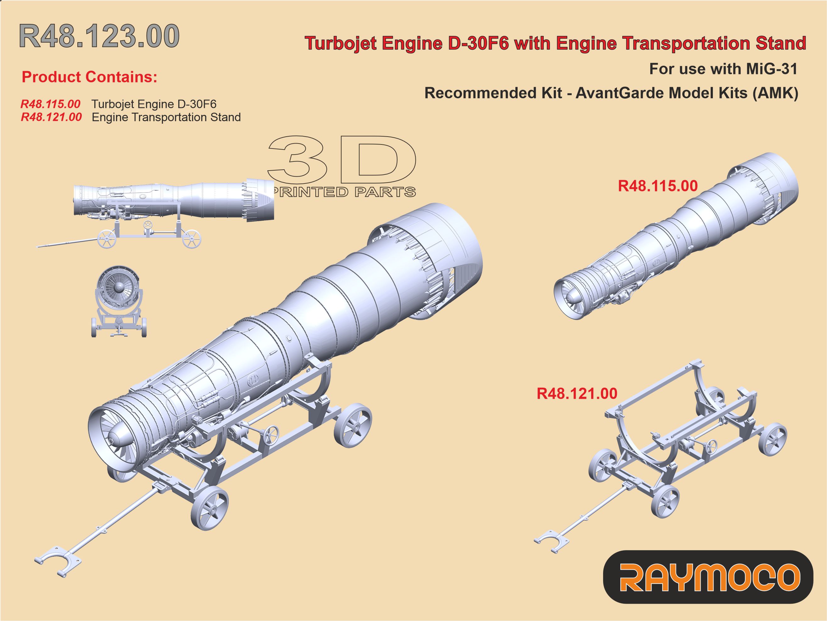 Дополнения из смолы 1/48 Turbo Jet Engine D-30F6 /w Transportation Stand (AMK) (Raymoco)