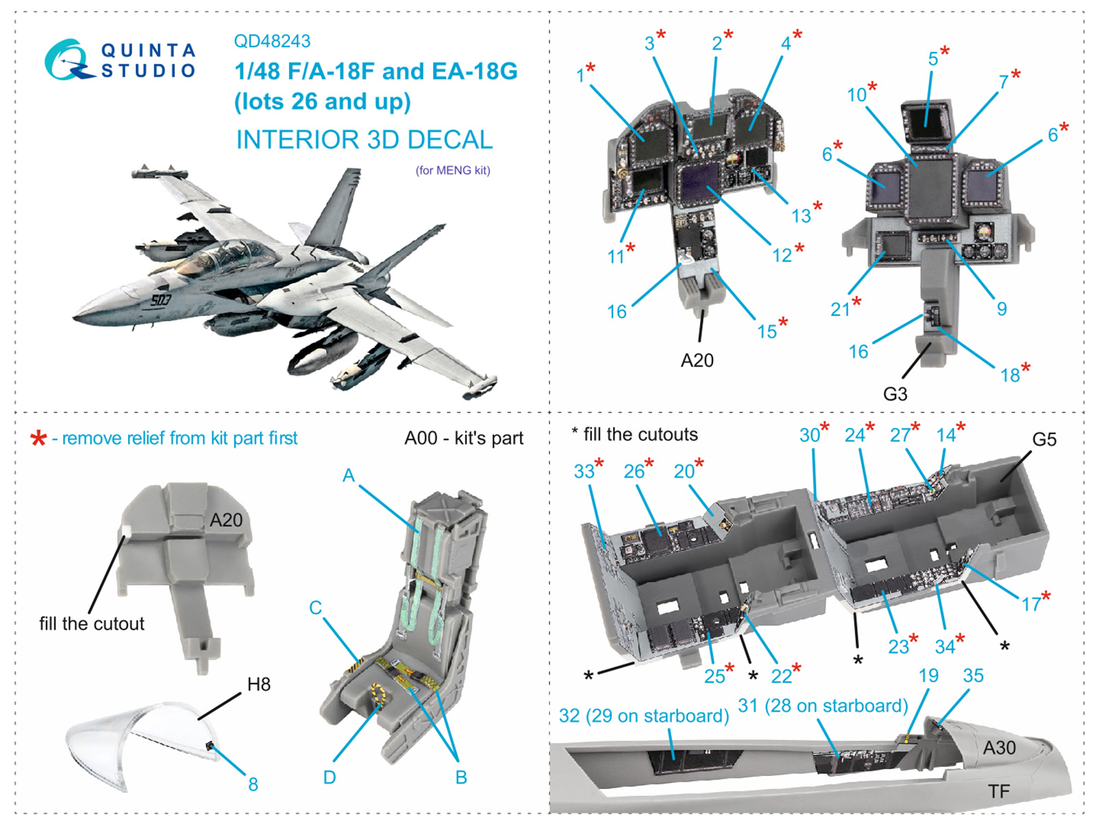 3D Декаль интерьера кабины F/A-18F late / EA-18G (Meng)