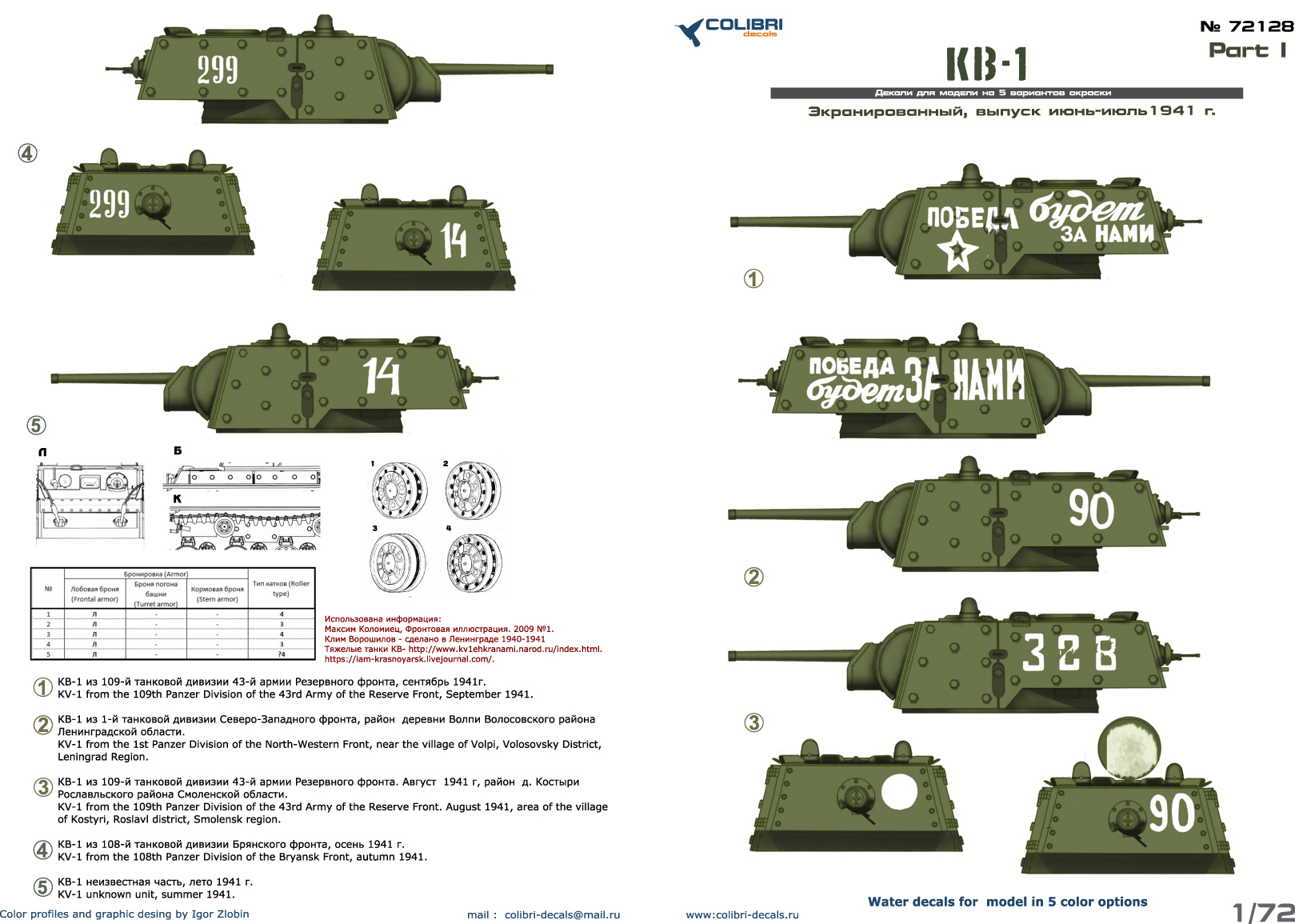 Декаль 1/72 KV-1 (w/Applique Armor) Part I (Colibri Decals)