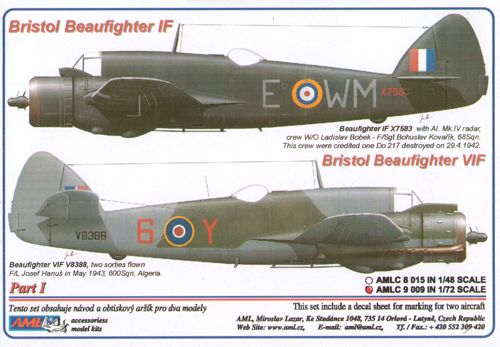 Декаль 1/72 Bristol Beaufighter Mk.IF X7583 (WM-E + WM-T) (AML)