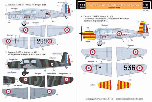 Декаль 1/72 Caudron Simoun in military service for Heller kit (decal sheet) (SBS Model)