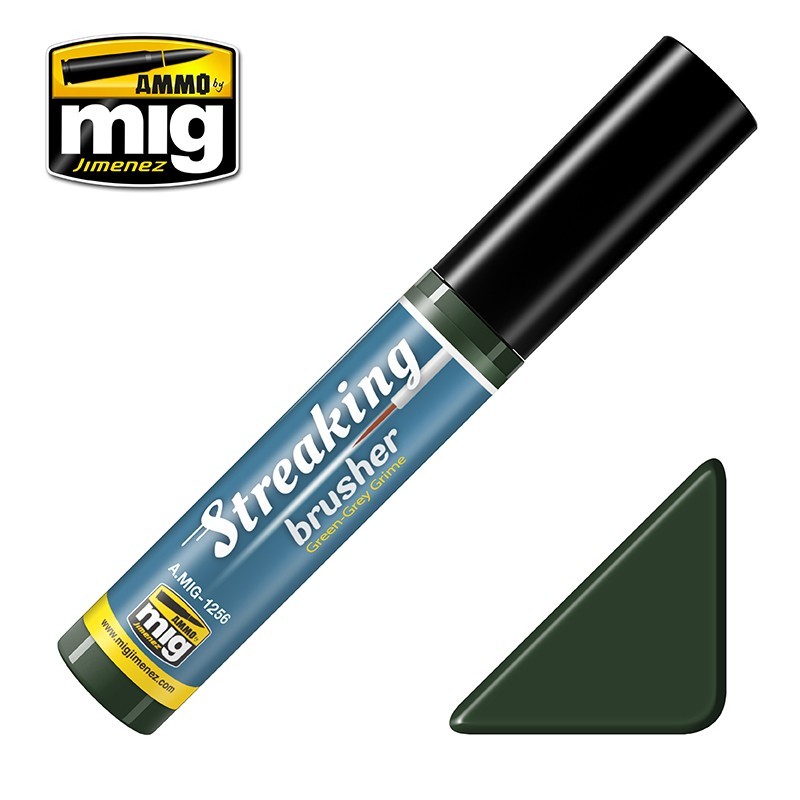 Краска с тонкой кистью аппликатором STREAKINGBRUSHER Green-Grey Grime (10mL) (Ammo Mig)