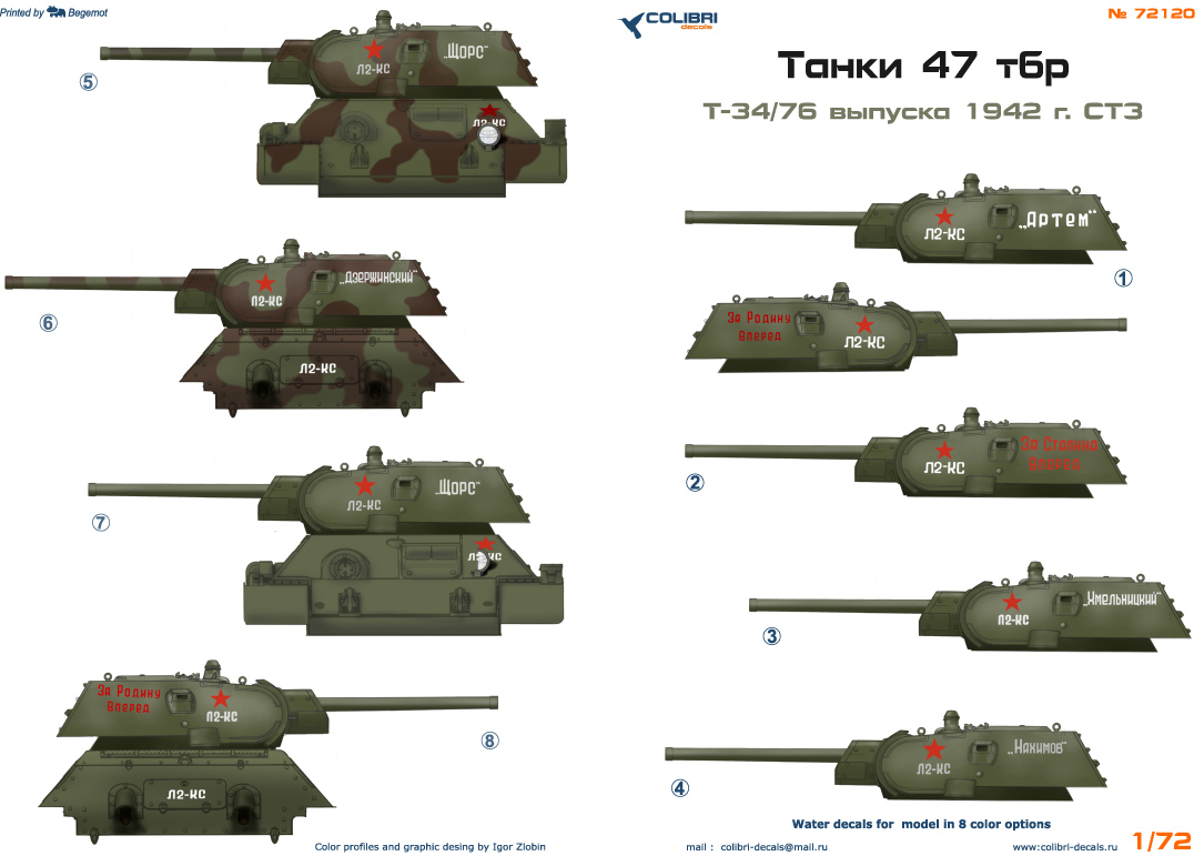 Декаль 1/72 Т-34/76 (СТЗ-1942) 47 т.бр. (Colibri Decals)