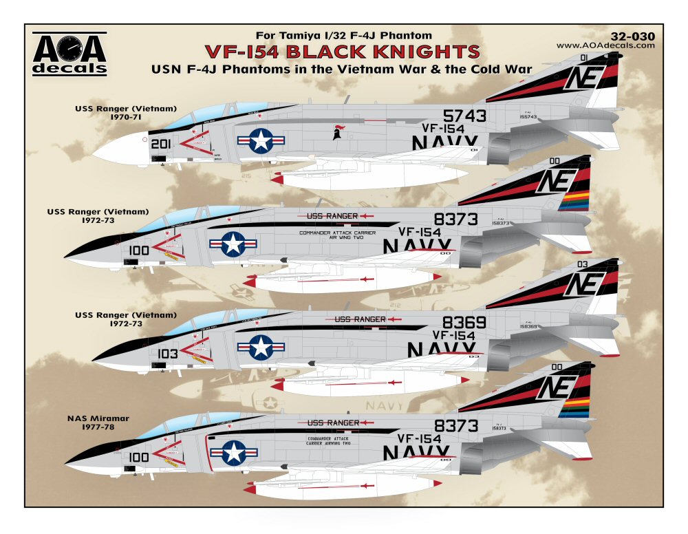 Декаль 1/32 VF-154 Black Knights - USN McDonnell F-4J Phantoms in the Vietnam War  (AOA Decals)