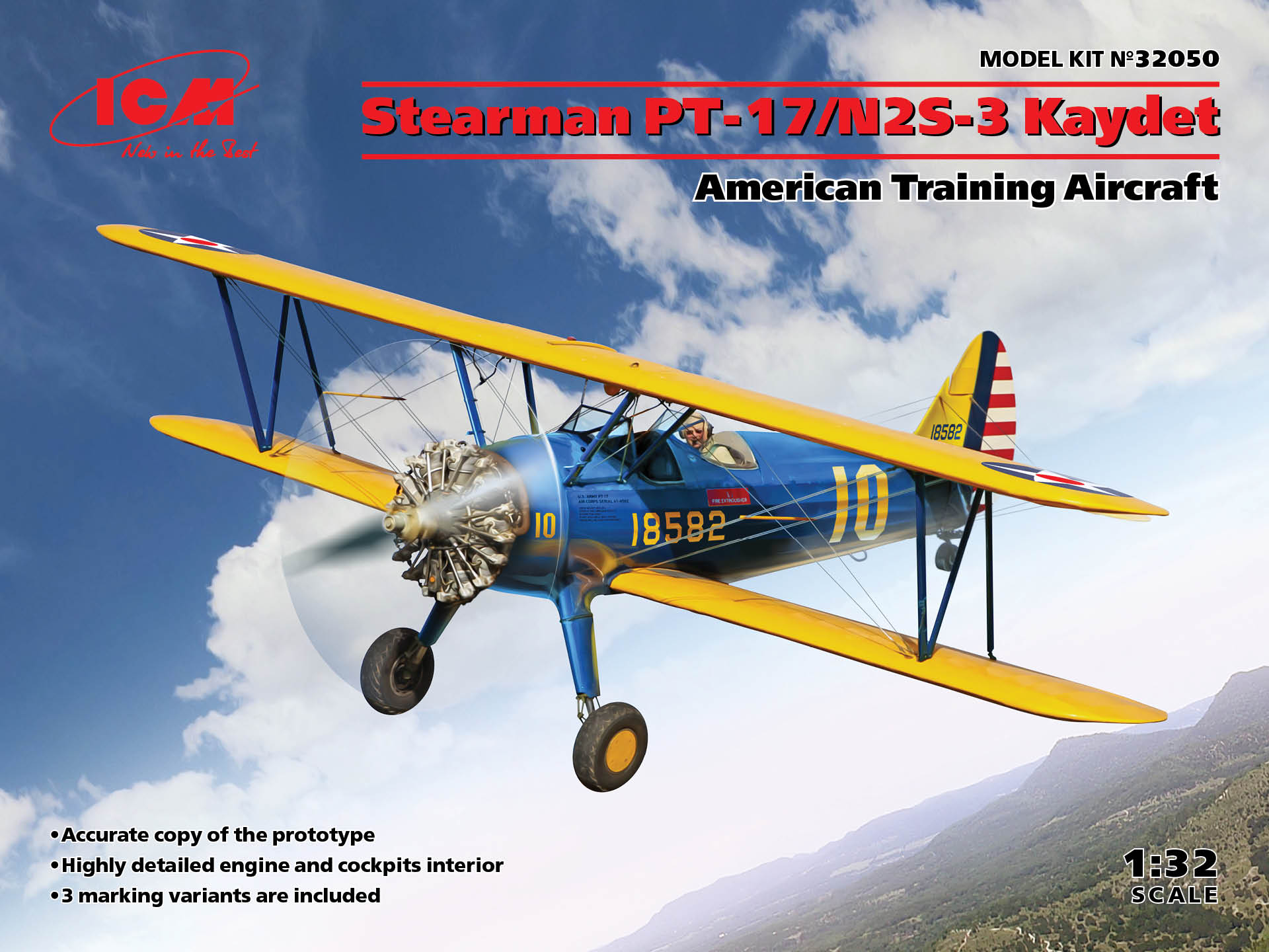 Сборная модель 1/32 Stearman PT-17/N2S-3 Kaydet American (ICM)