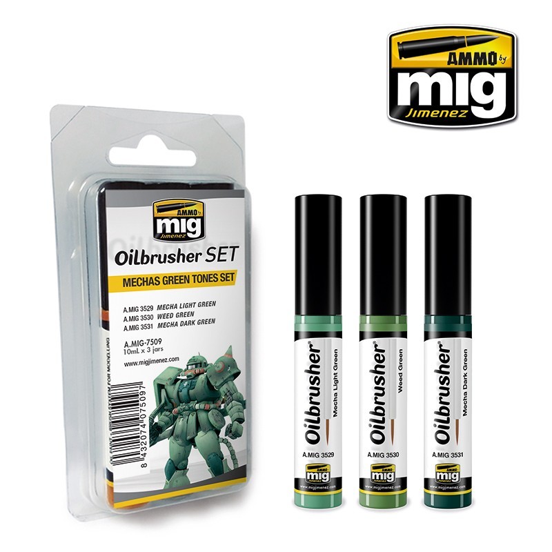 Набор масляных красок с тонкой кистью Mechas Green Tones OILBRUSHER SET (Ammo Mig) (3x10ml)