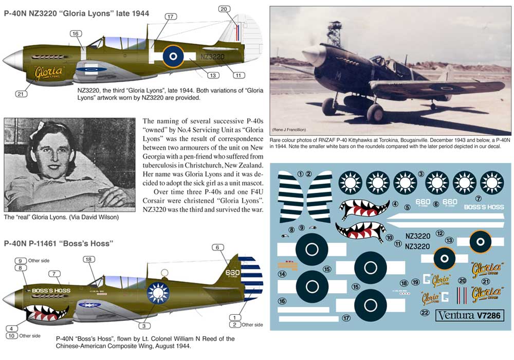 Декаль 1/72 Curtiss P-40Ns, RNZAF "Gloria Lyons" and American Volunteer Group (Ventura)