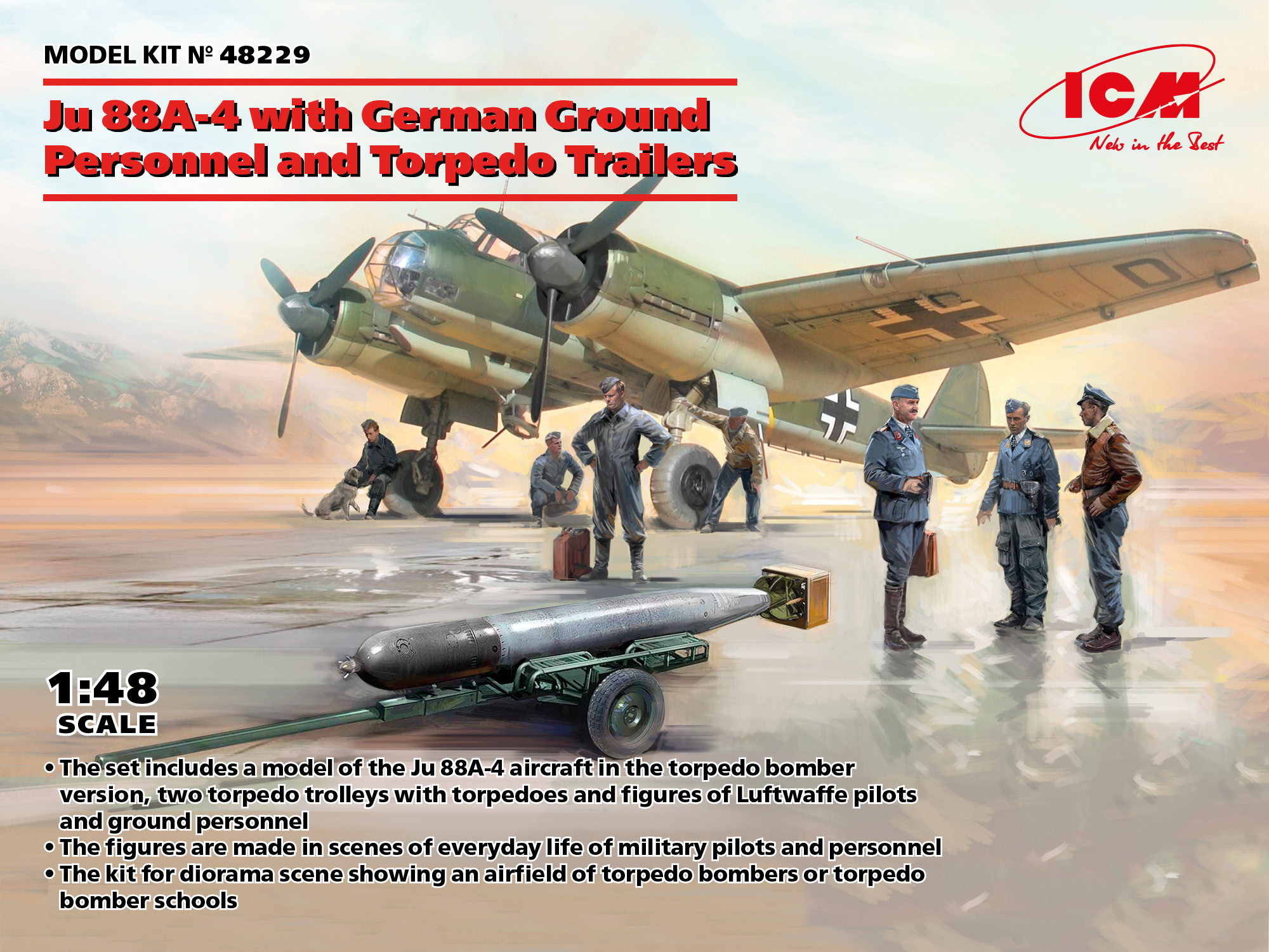 Сборная модель 1/48 Junkers Ju-88A-4 with German Ground Personnel and Torpedo Trailers (ICM)