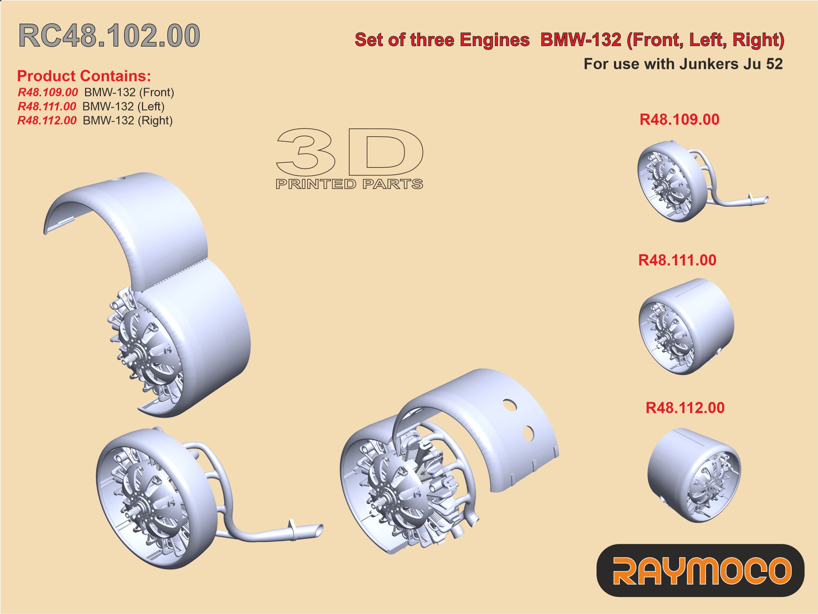 Дополнения из смолы 1/48 Set of three engines BMW-132 (Front, Left, Right) (Raymoco)