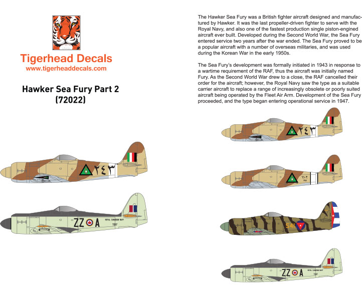 Декаль 1/72 Hawker Sea Fury FB.11 Part 2 Iraq, Cuba, Canada  (Tigerhead Decals)