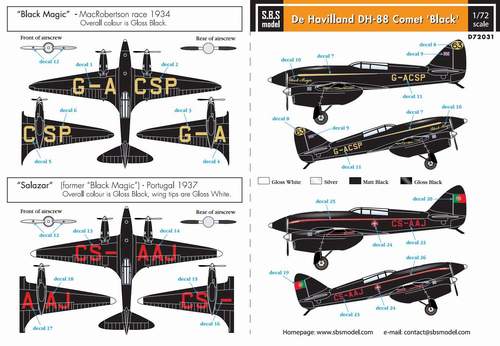 Декаль 1/72 de Havilland DH-88 Comet 'Black' (Black magic & Salazar) (SBS Model)