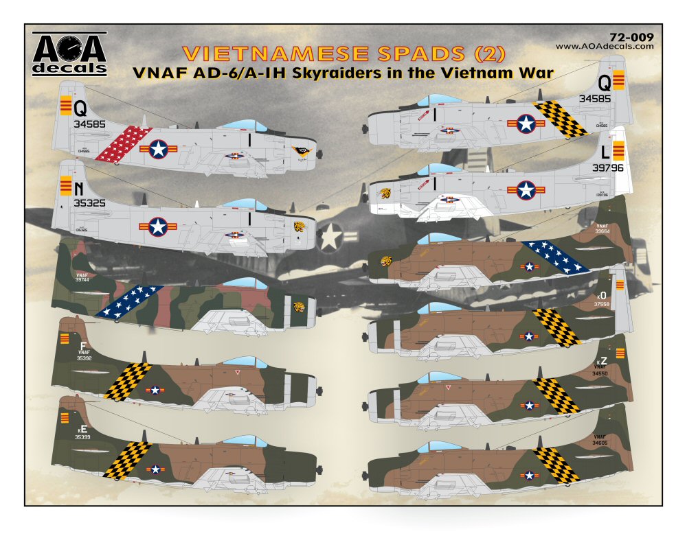 Декаль 1/72 VIETNAMESE SPADS (2) VNAF Douglas AD-6/A-1H Skyraiders in the Vietnam War  (AOA Decals)