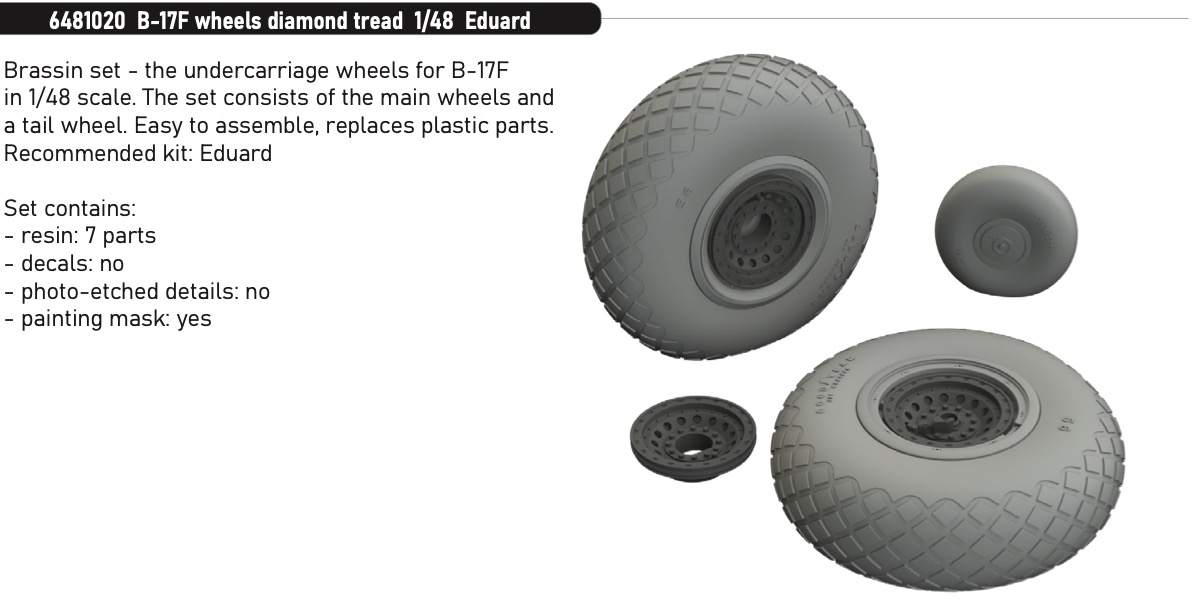 Дополнения из смолы 1/48 Boeing B-17F Flying Fortress wheels diamond tread (Eduard kits)