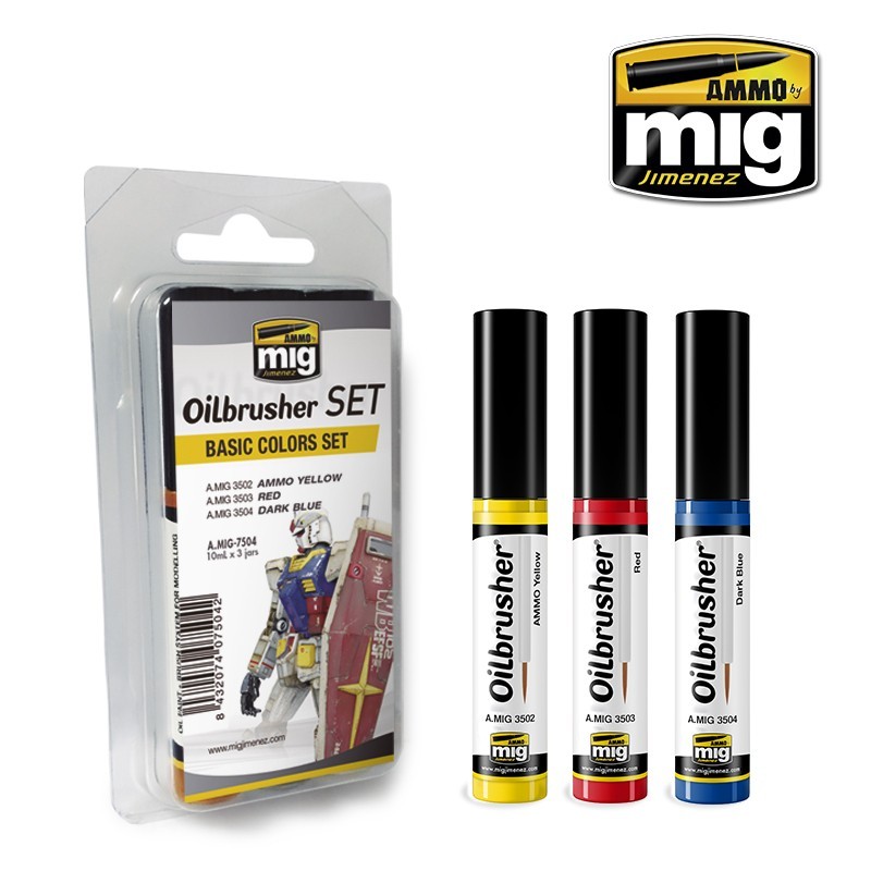 Набор масляных красок с тонкой кистью Basic Colors OILBRUSHER SET (Ammo Mig) (3x10ml)