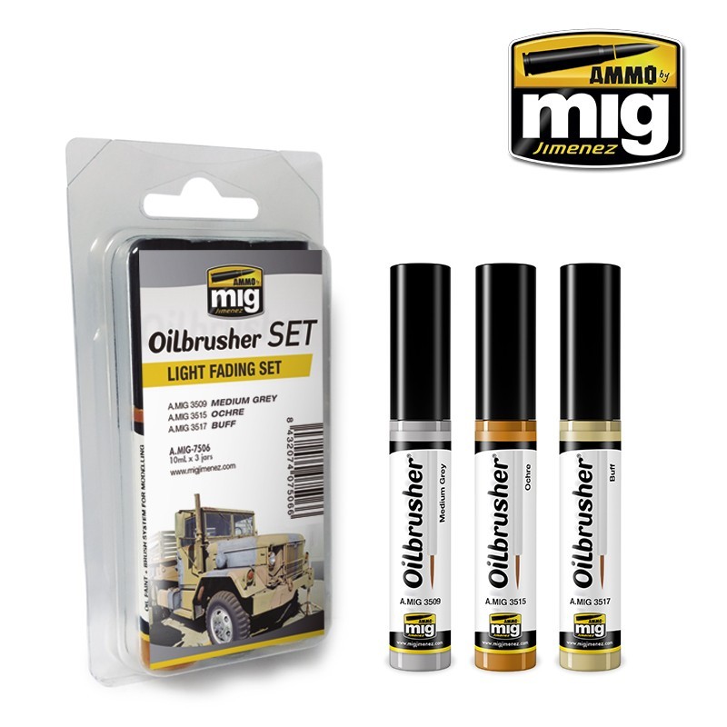 Набор масляных красок с тонкой кистью Light Fading OILBRUSHER SET (Ammo Mig) (3x10ml)