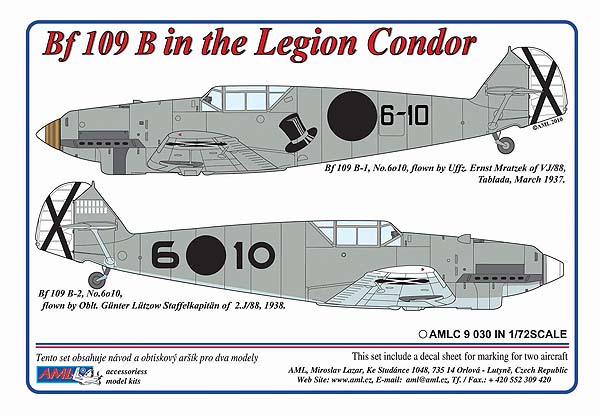 Декаль 1/72 Messerschmitt Bf-109B / 2 decal versions Legion Condor in Spain (AML)