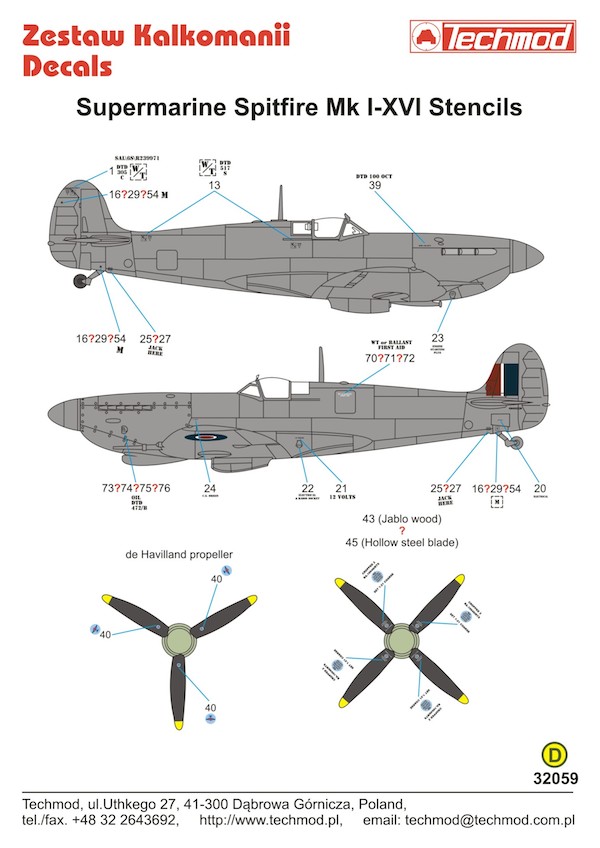 Декаль 1/32 Supermarine Spitfire Stencils [Mk.IIa Mk.VIII Mk.Vb Mk.IXc Mk.XVIe]  (Techmod)