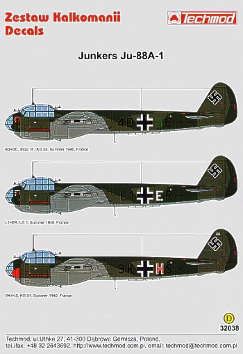 Декаль 1/32 Junkers Ju-88A-1 (3)  (Techmod)