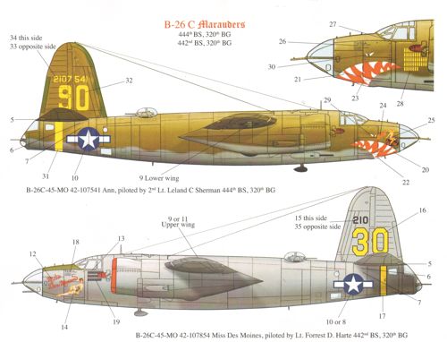 Декаль 1/72 Martin B-26C Marauder Nose art and markings for 'Ann' and 'Miss Des Moines" (Bombshell)