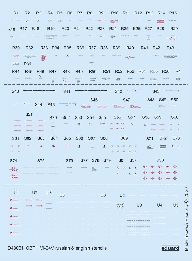 Декаль 1/48 Трафареты для вертолета Ми-24В на русском и английском языках (ZVE)