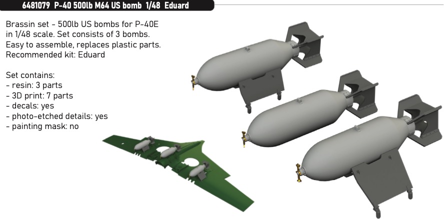 Дополнения из смолы 1/48 500-фунтовые американские бомбы M64 для Curtiss P-40E Warhawk (Eduard kits)