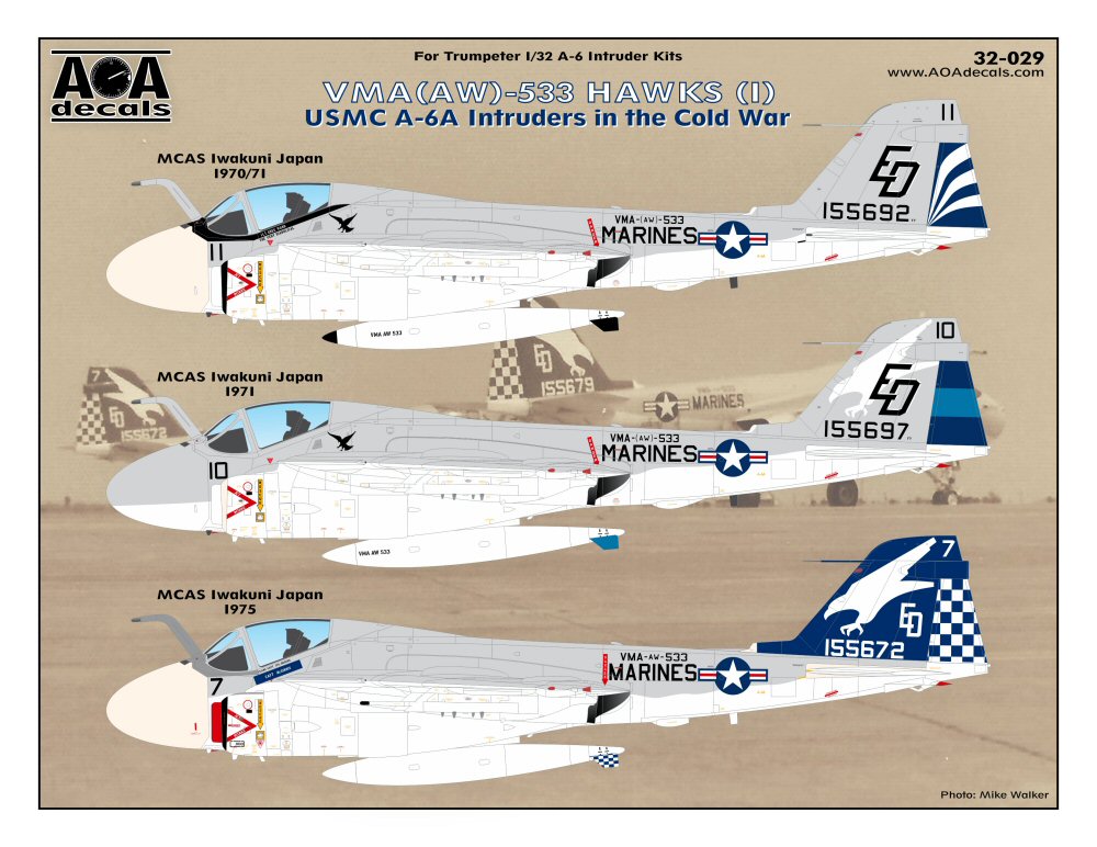 Декаль 1/32  VMA(AW)-533 HAWKS (1) USMC A-6A Intruders in the Cold War (AOA Decals)