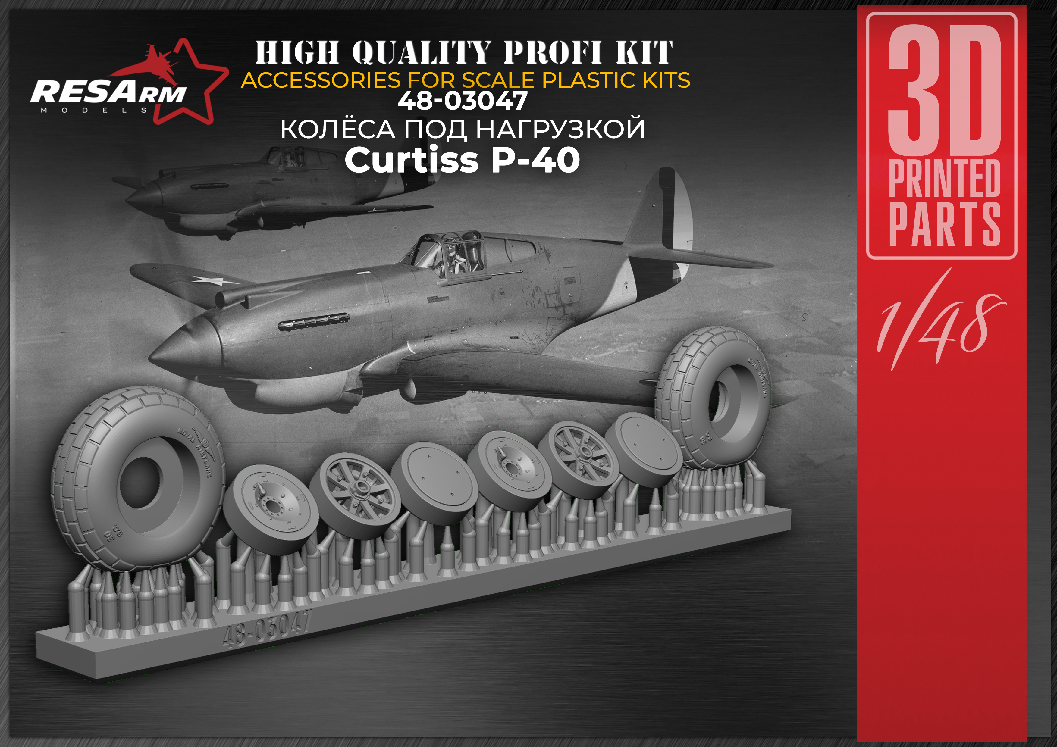 Дополнения из смолы 1/48 Колеса для Curtiss P-40 (под нагрузкой) (RESArm)